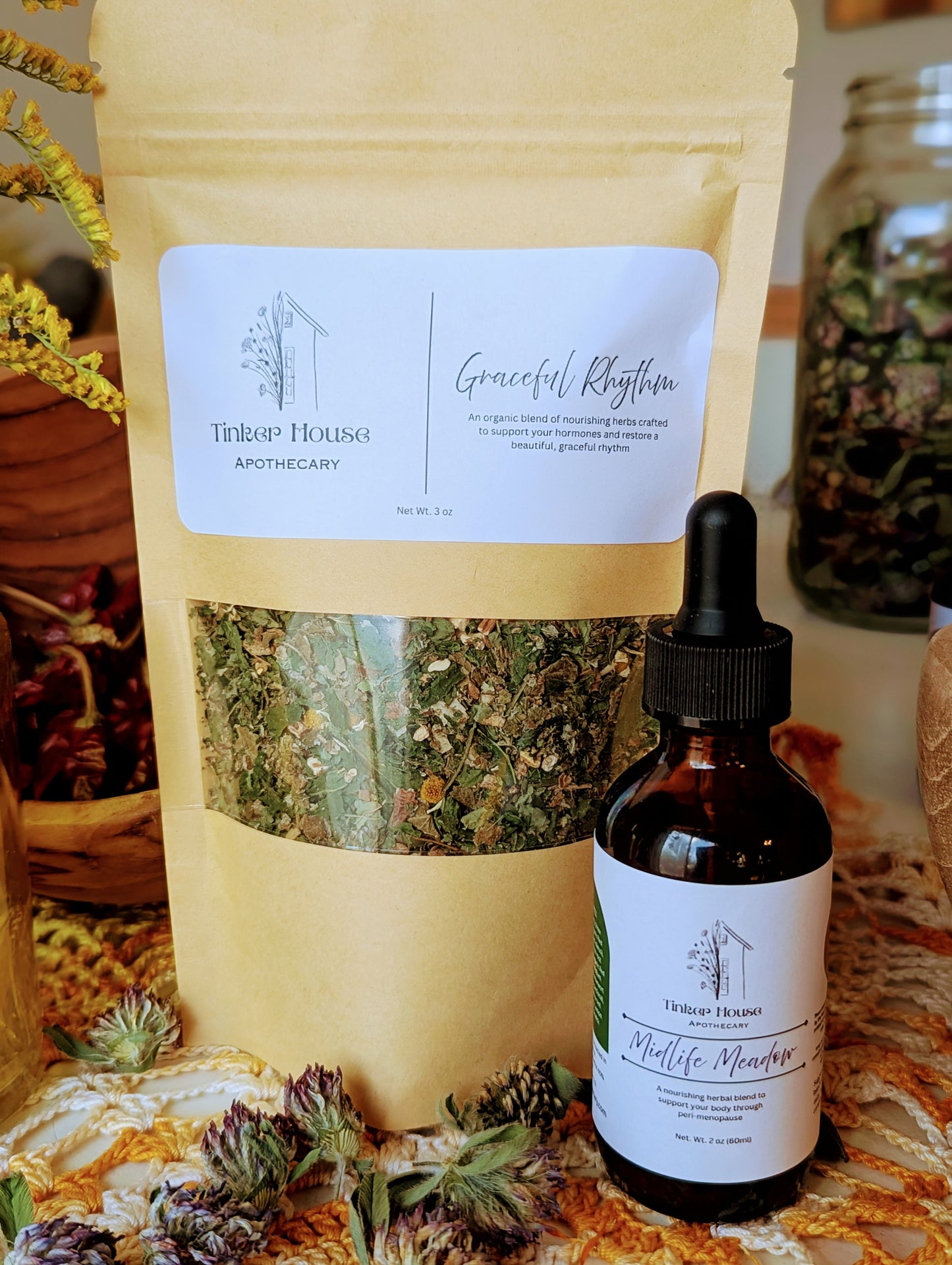 Graceful Rhythm tea + Midlife Meadow tincture